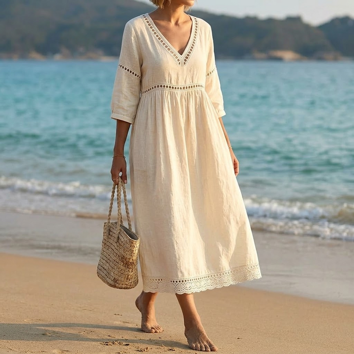 Stella | Chic Crochet Trim V-Neck Midi Dress