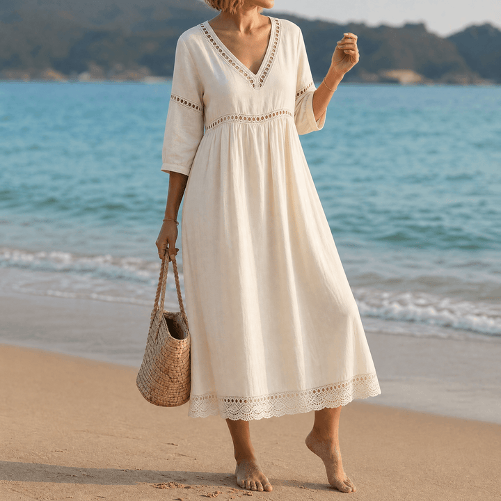 Stella | Chic Crochet Trim V-Neck Midi Dress