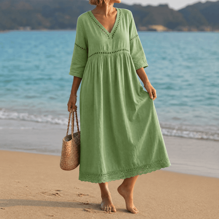 Stella | Chic Crochet Trim V-Neck Midi Dress