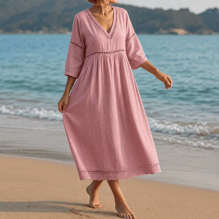Stella | Chic Crochet Trim V-Neck Midi Dress