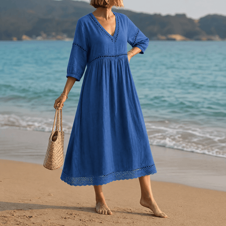 Stella | Chic Crochet Trim V-Neck Midi Dress