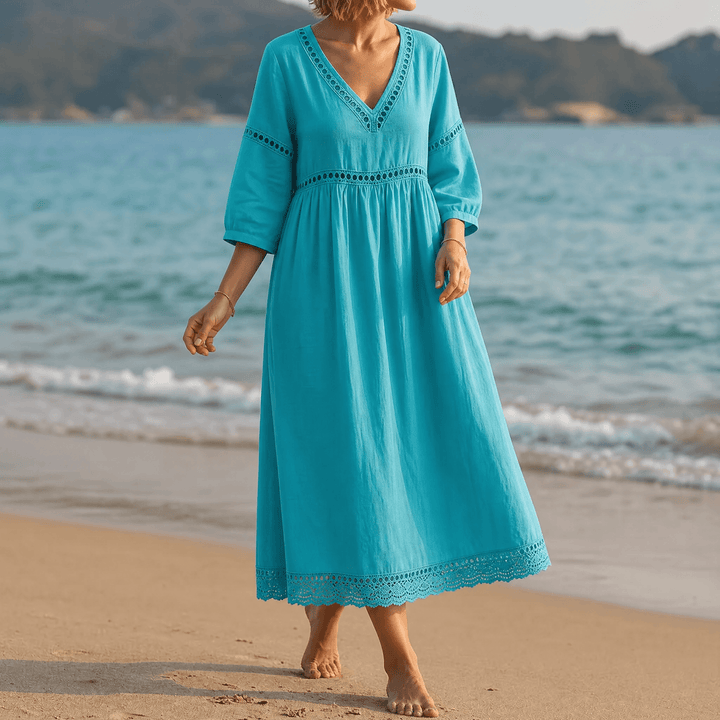 Stella | Chic Crochet Trim V-Neck Midi Dress