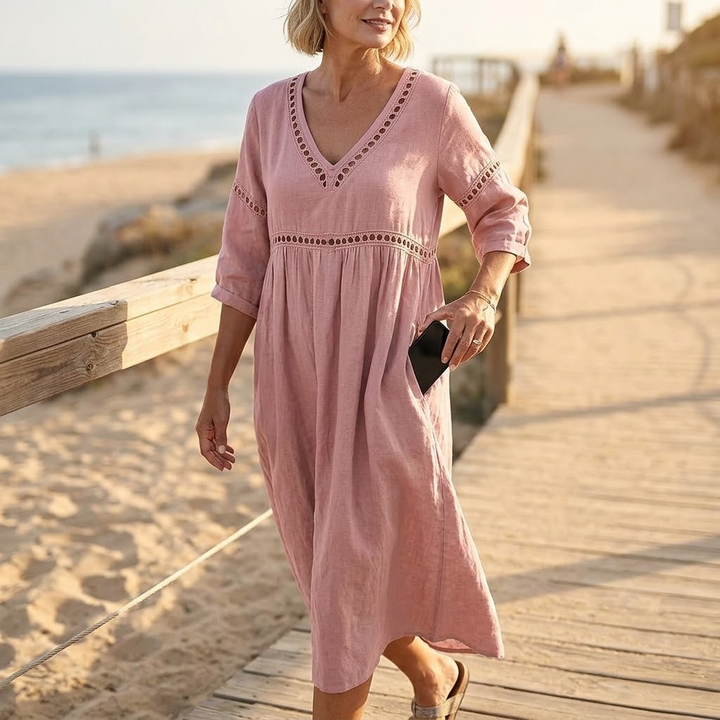 Stella | Chic Crochet Trim V-Neck Midi Dress