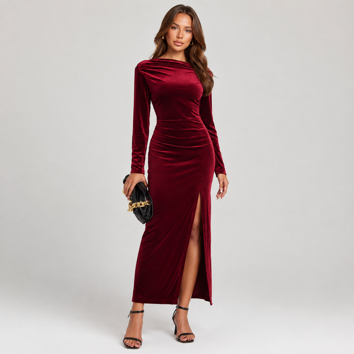 Stella | Elegant Plush Long Sleeve Races Dress with Side Slit