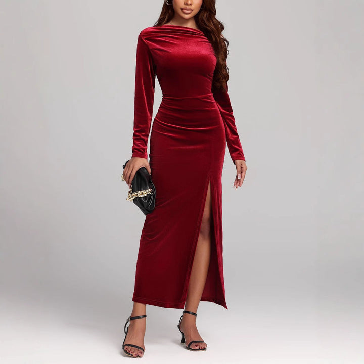 Stella | Elegant Plush Long Sleeve Races Dress with Side Slit