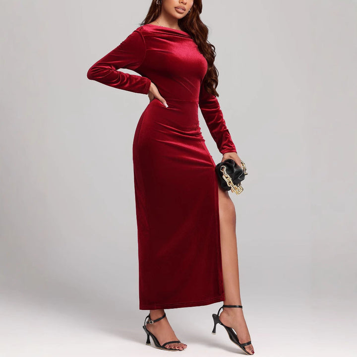 Stella | Elegant Plush Long Sleeve Races Dress with Side Slit