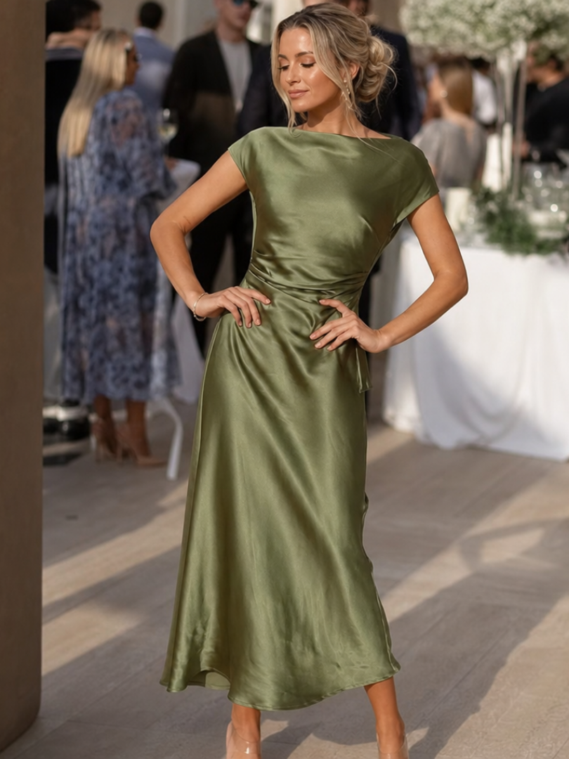 Stella | Timeless Boat Neck Draped Midi Party Dress