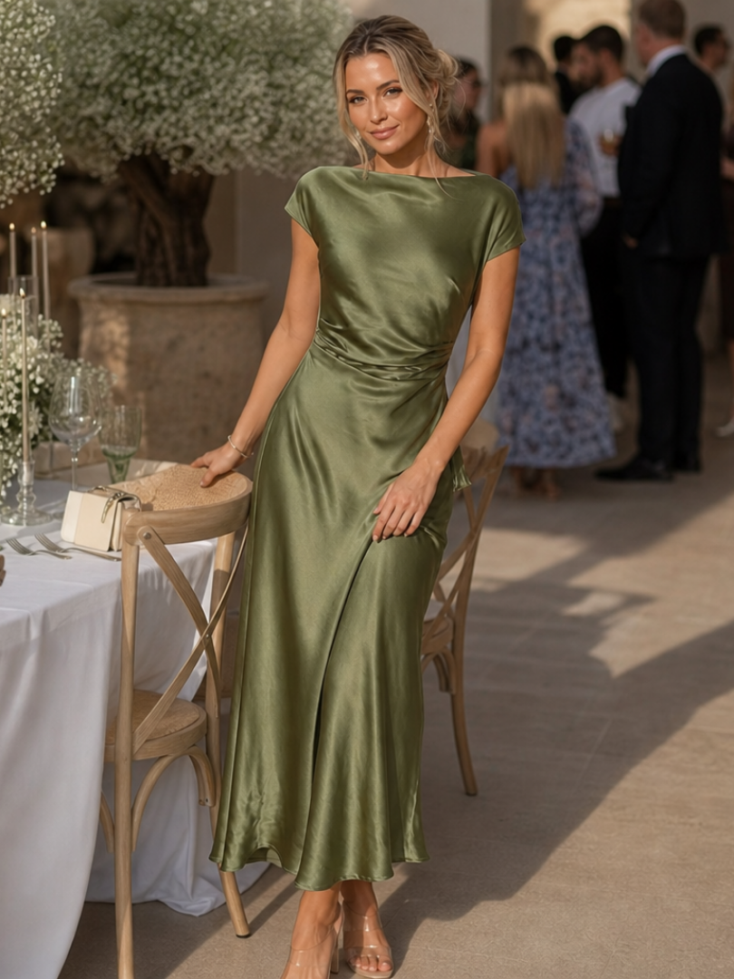 Stella | Timeless Boat Neck Draped Midi Party Dress