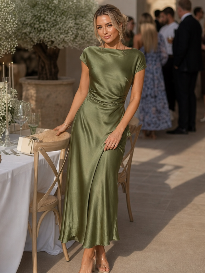 Stella | Timeless Boat Neck Draped Midi Party Dress