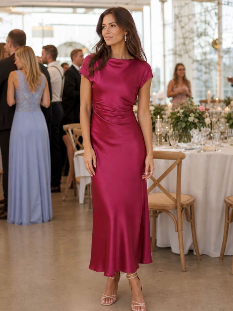Stella | Timeless Boat Neck Draped Midi Party Dress