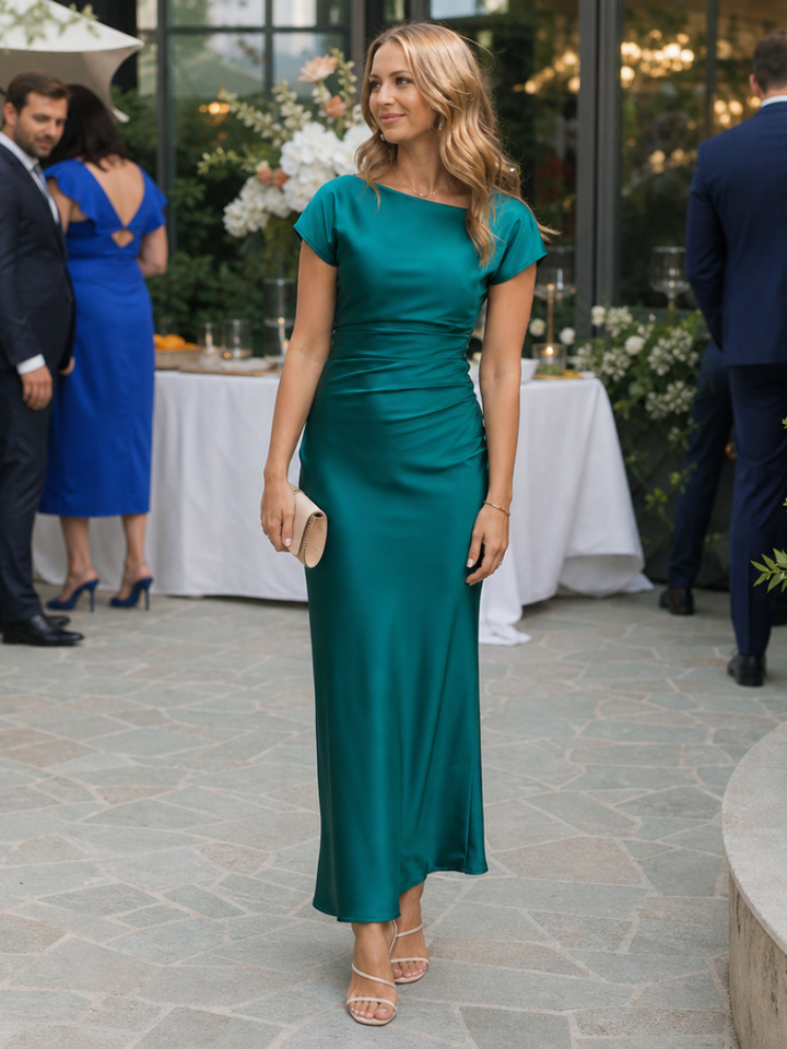 Stella | Timeless Boat Neck Draped Midi Party Dress
