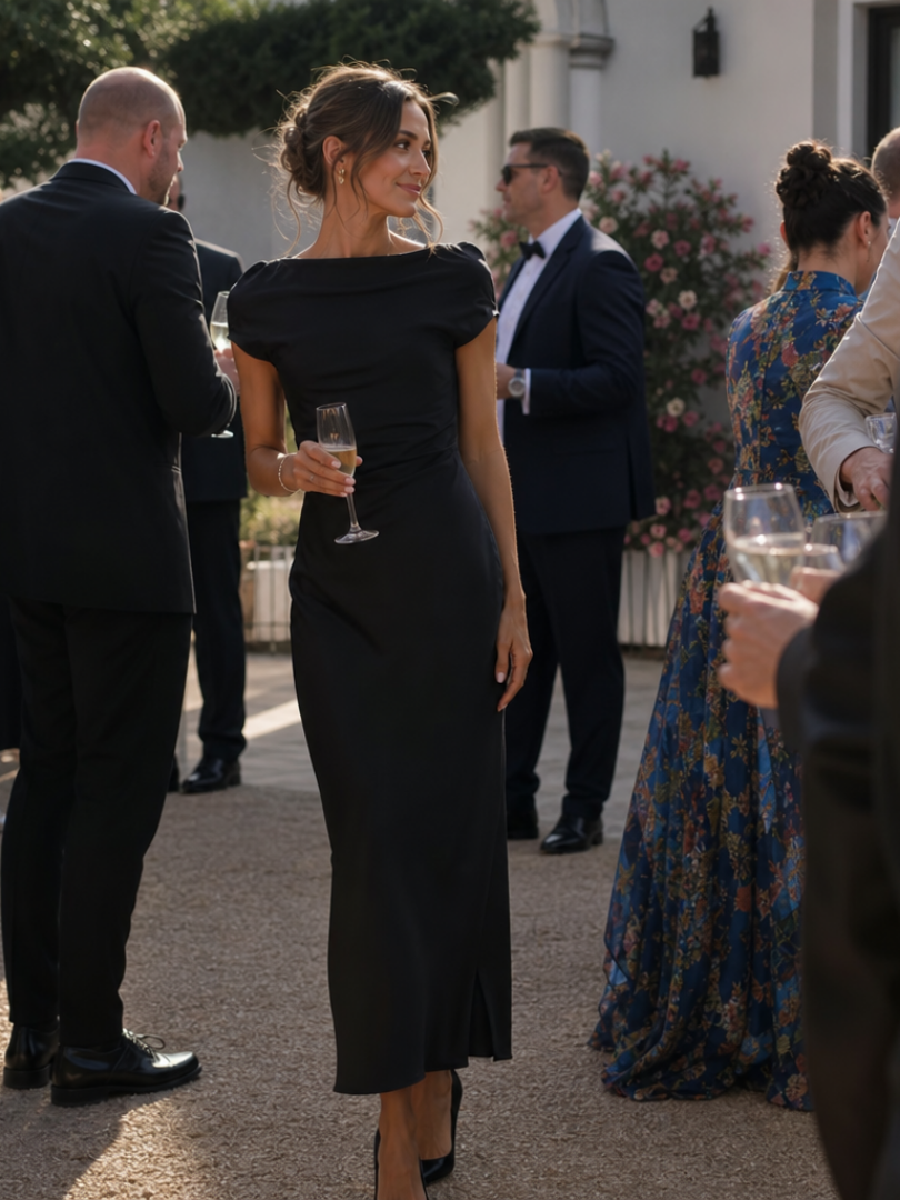 Stella | Timeless Boat Neck Draped Midi Party Dress
