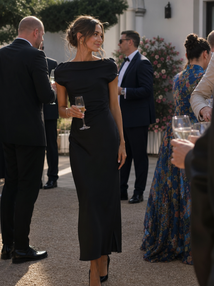 Stella | Timeless Boat Neck Draped Midi Party Dress