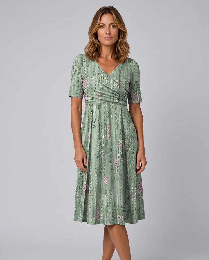 Summer | Chic Faux Wrap A Line Dress with Flared Midi Skirt