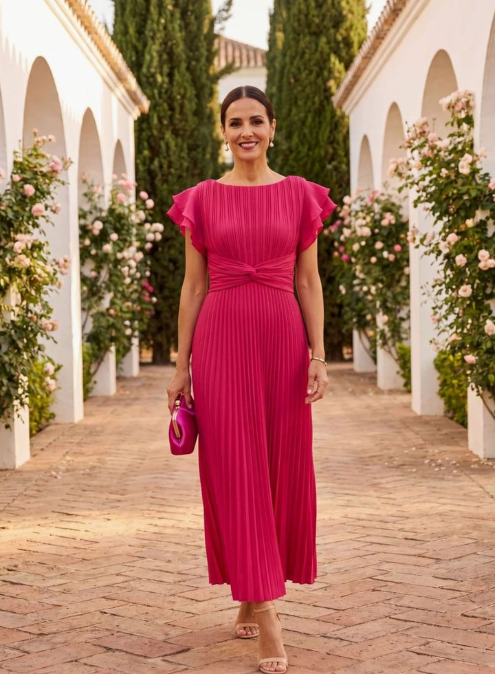 Summer | Graceful Pleated Flutter Sleeve Midi Races Dress