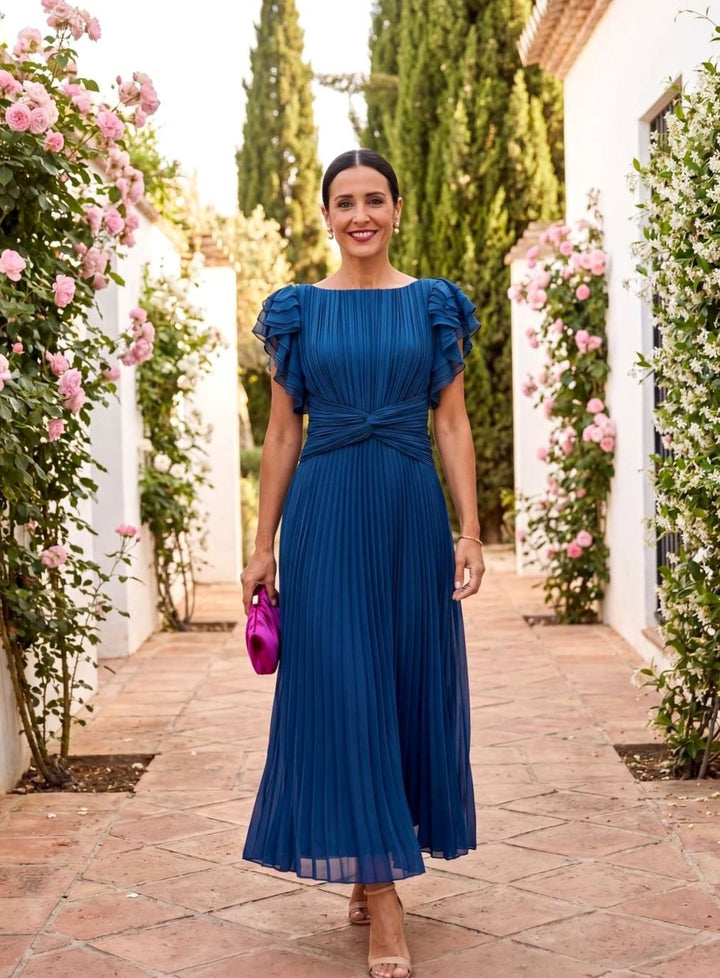Summer | Graceful Pleated Flutter Sleeve Midi Races Dress