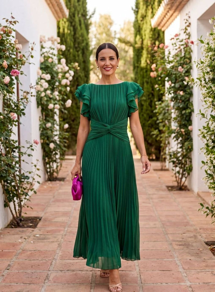Summer | Graceful Pleated Flutter Sleeve Midi Races Dress