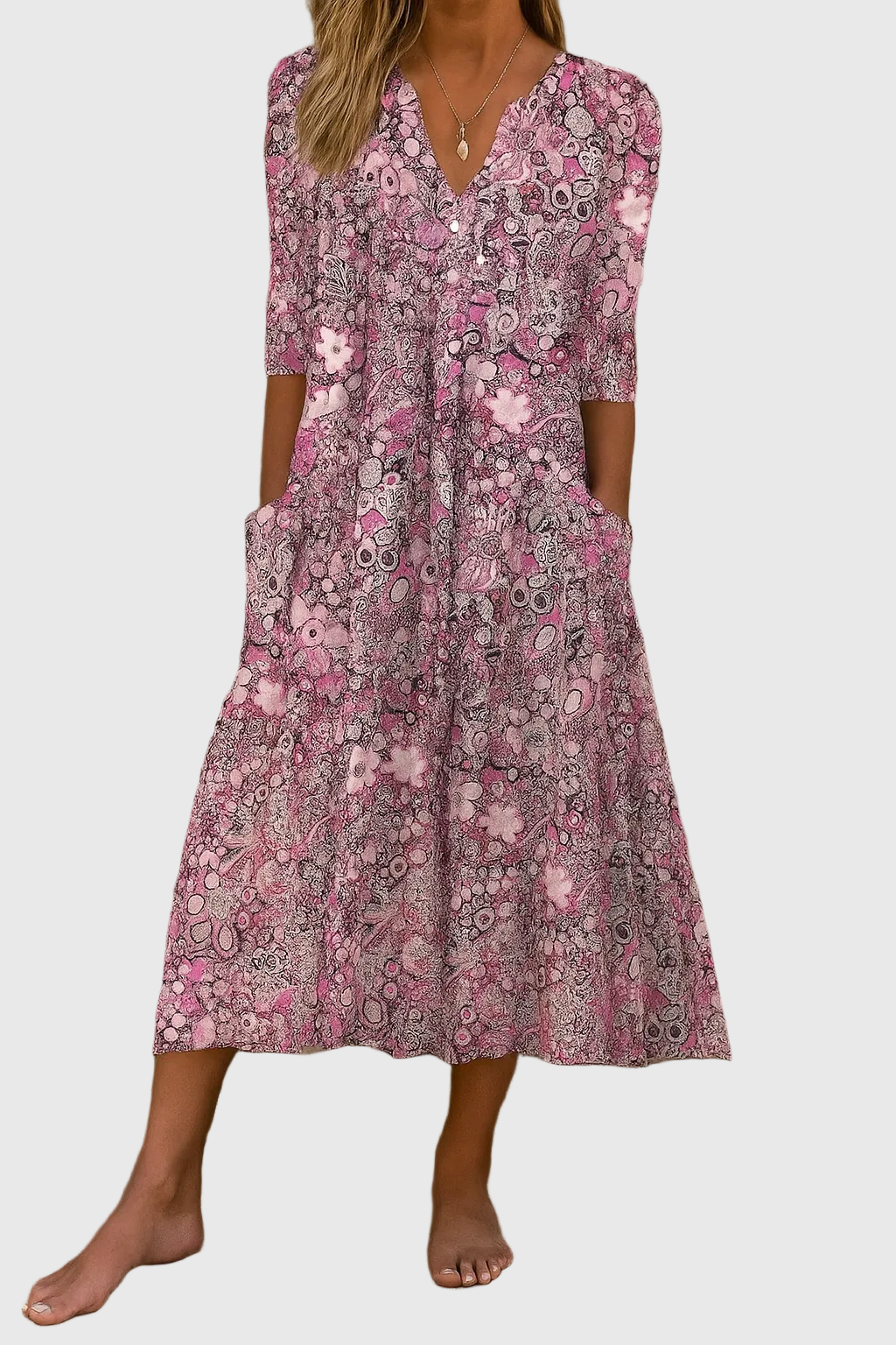 Summer | Polished Floral V-Neck A-Line Midi Dress