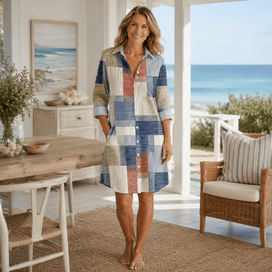 Summer | Refined Patchwork Button-Front Midi Shirt Dress