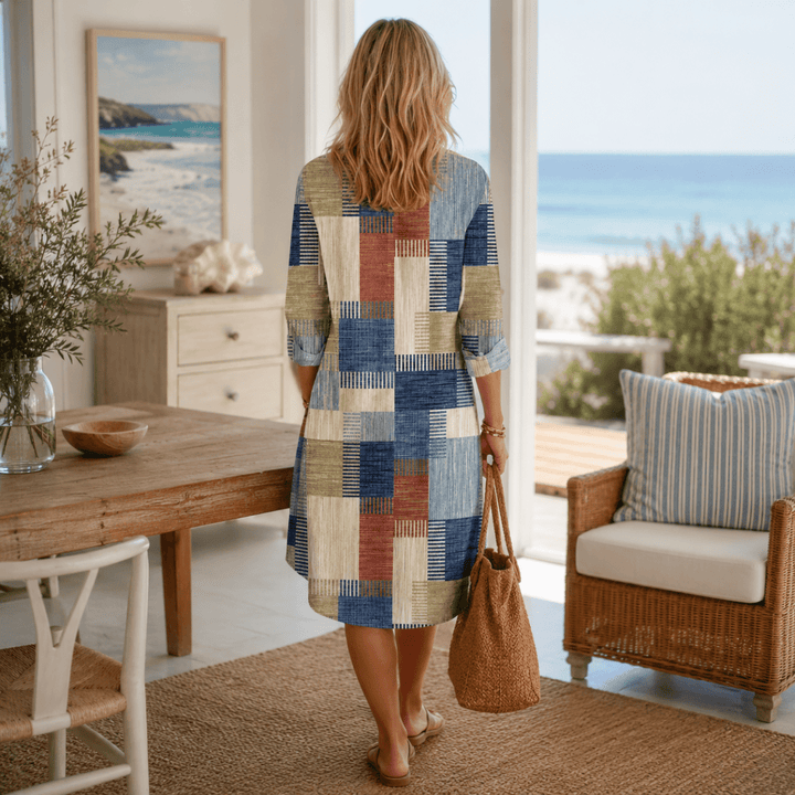 Summer | Refined Patchwork Button-Front Midi Shirt Dress