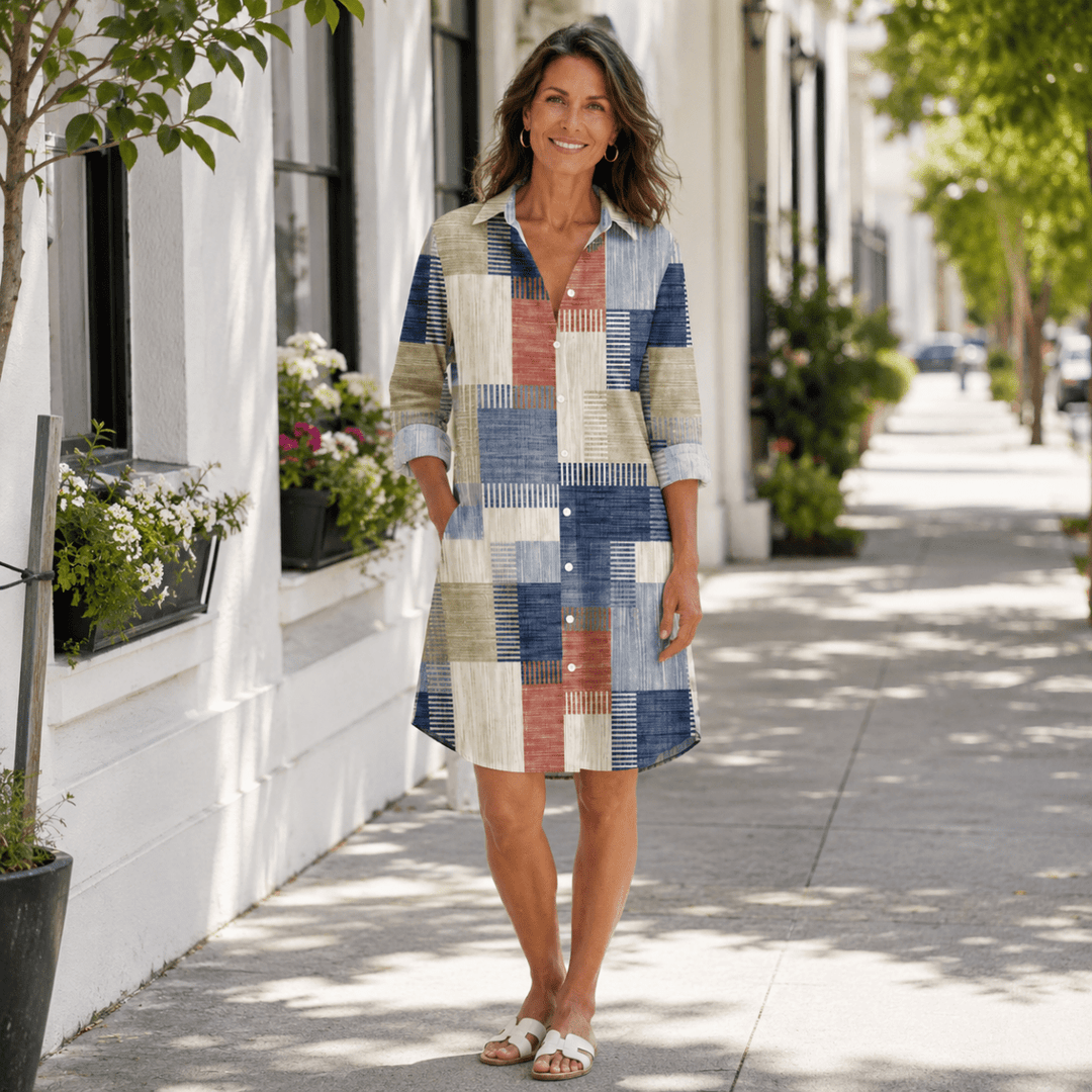 Summer | Refined Patchwork Button-Front Midi Shirt Dress