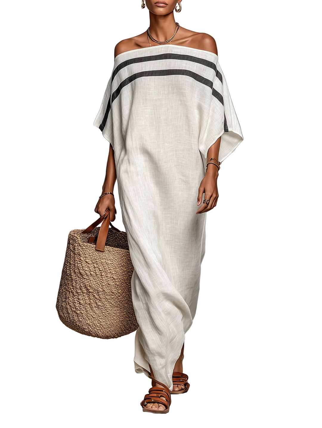 Summer | Relaxed Striped Off-Shoulder Maxi Linen Dress