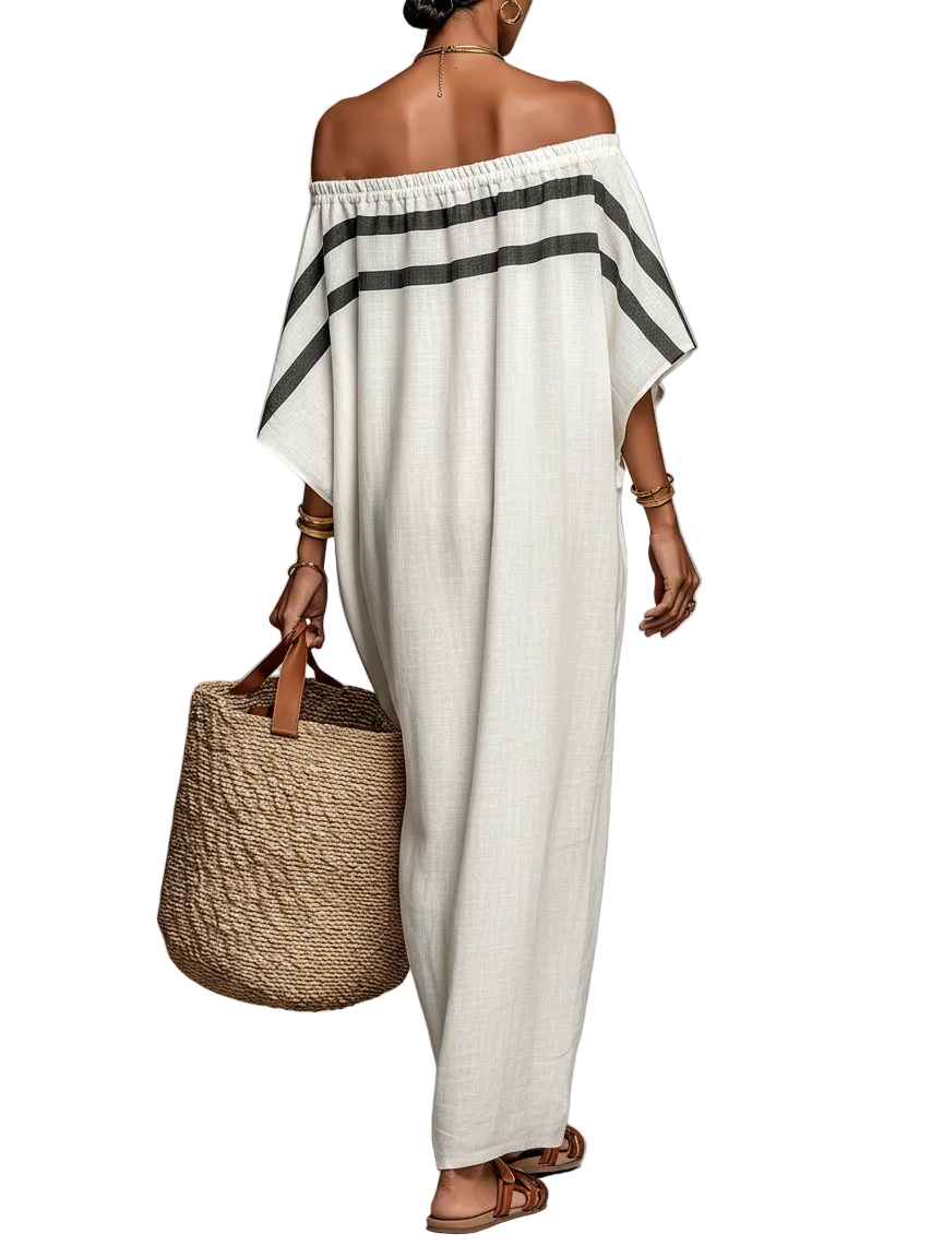 Summer | Relaxed Striped Off-Shoulder Maxi Linen Dress