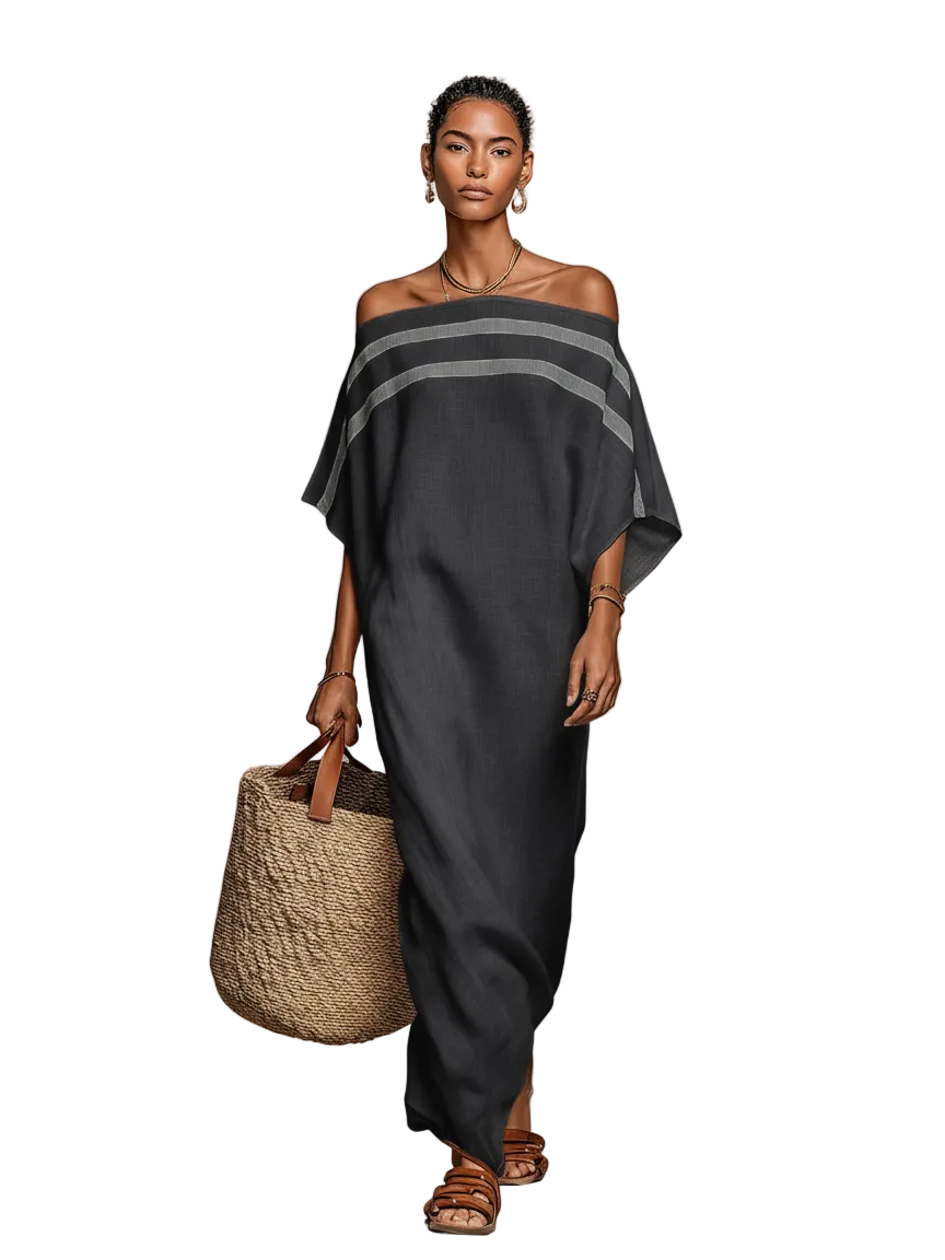 Summer | Relaxed Striped Off-Shoulder Maxi Linen Dress