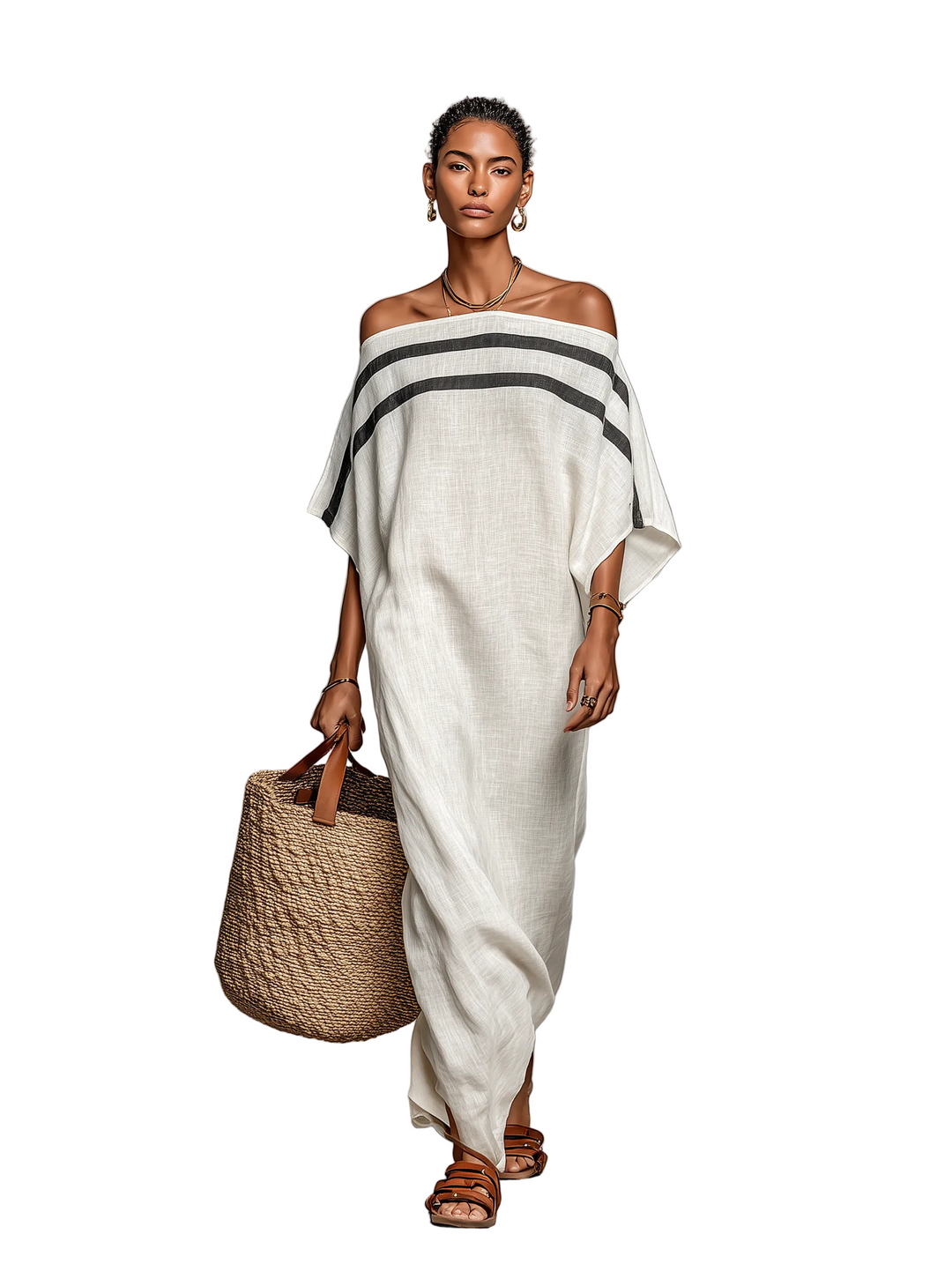 Summer | Relaxed Striped Off-Shoulder Maxi Linen Dress