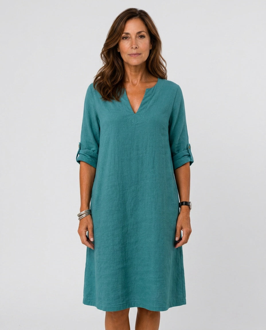 Violet | Classic Relaxed Casual Dress with Roll-Tab Sleeves and V-Neck