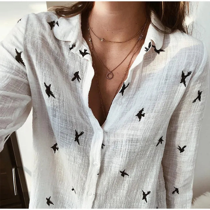 Violet | Refined Bird Print Long Sleeve Summer Tops