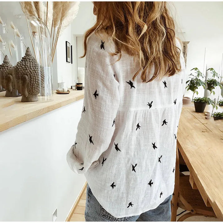 Violet | Refined Bird Print Long Sleeve Summer Tops
