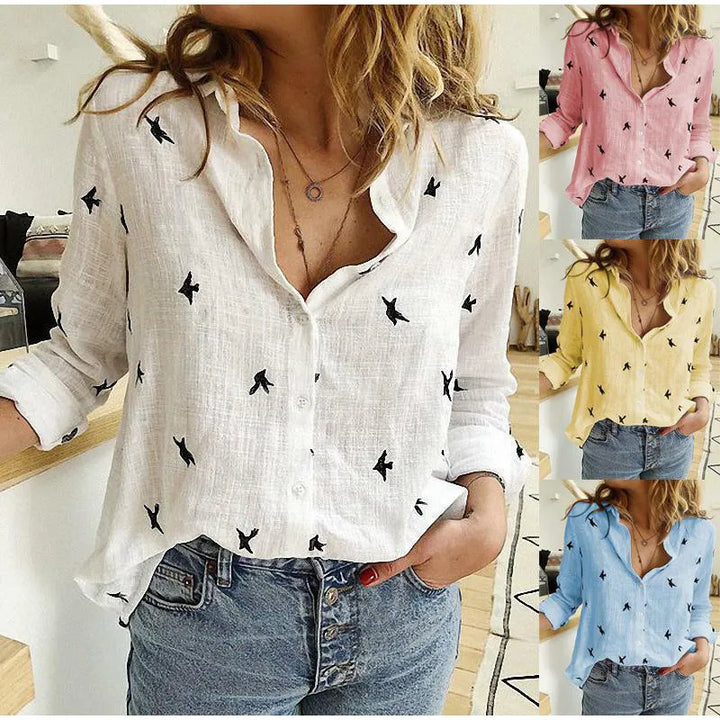 Violet | Refined Bird Print Long Sleeve Summer Tops