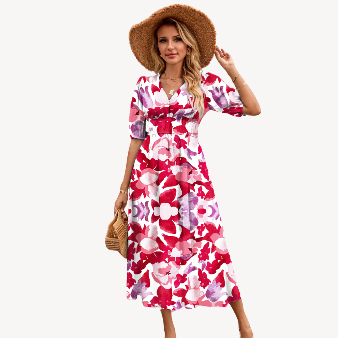 Violet | Relaxed Floral V-Neck Races Dress with Tie Waist