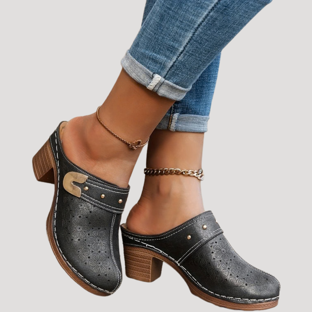 Willow | Classic Embossed Buckle Block Heel Clog Mules