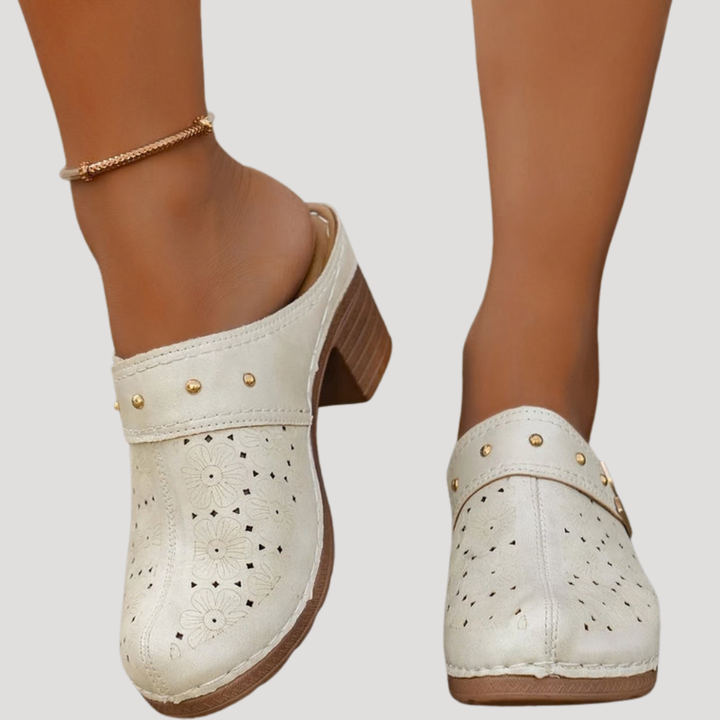 Willow | Classic Embossed Buckle Block Heel Clog Mules