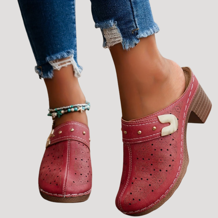 Willow | Classic Embossed Buckle Block Heel Clog Mules