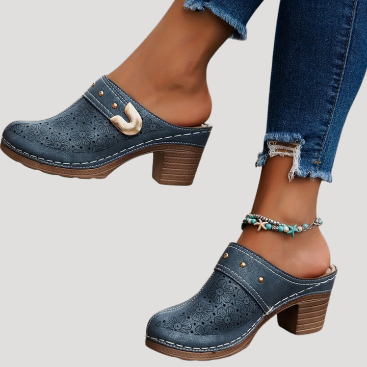 Willow | Classic Embossed Buckle Block Heel Clog Mules
