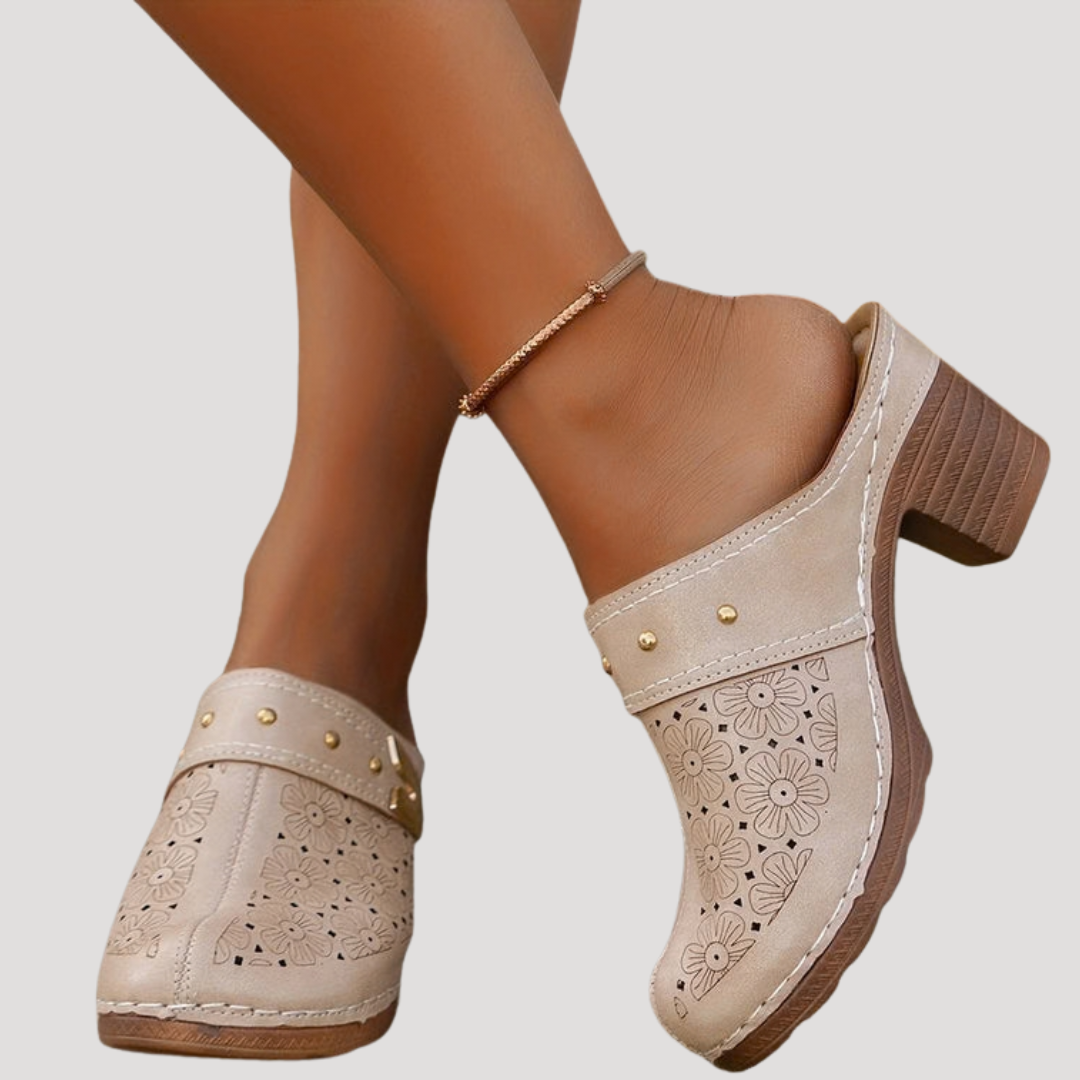 Willow | Classic Embossed Buckle Block Heel Clog Mules