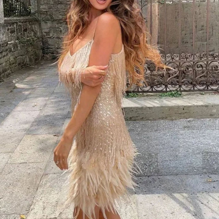 Willow | Graceful Feather Trim Sequin Christmas Dress Mini