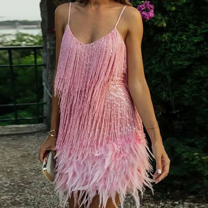 Willow | Graceful Feather Trim Sequin Christmas Dress Mini
