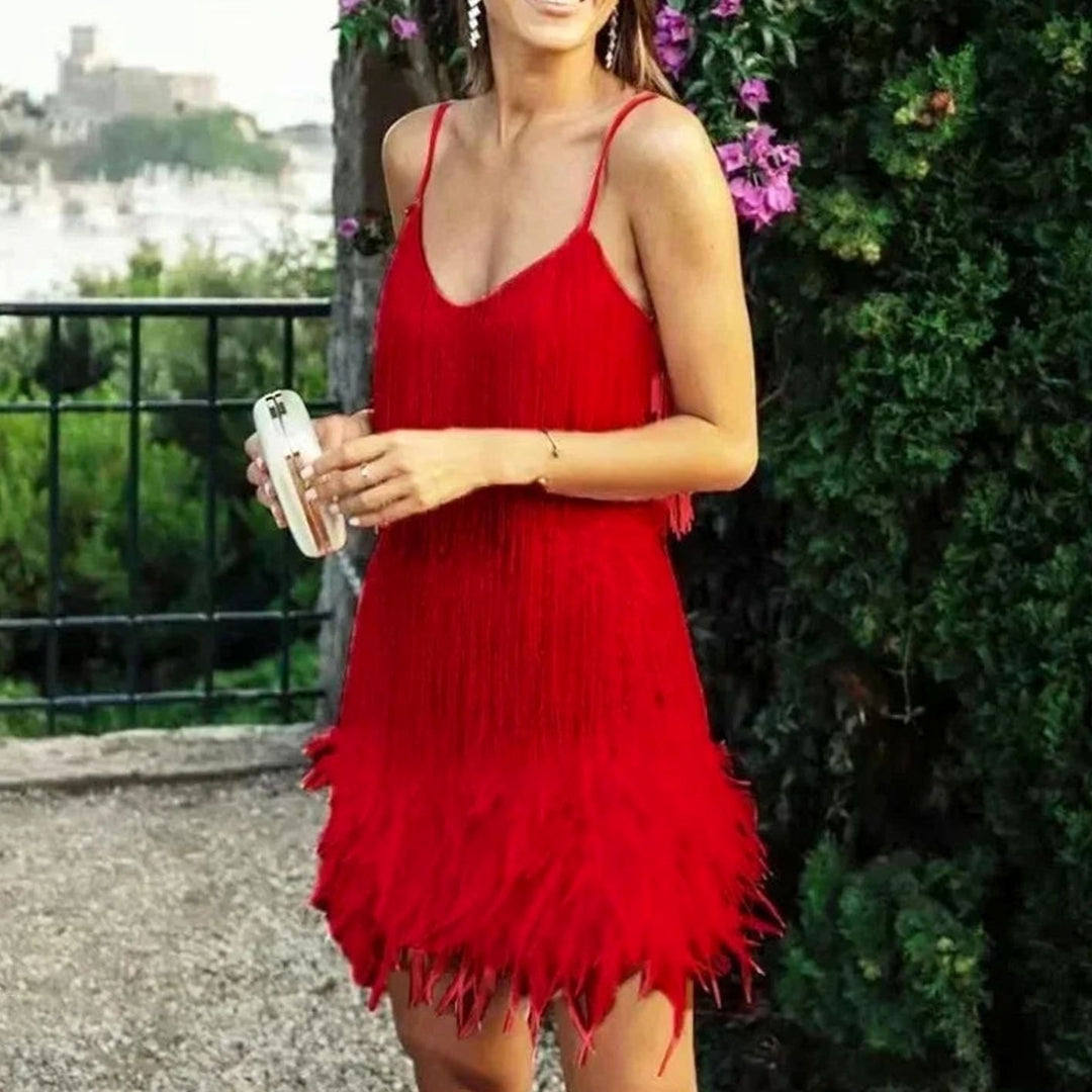 Willow | Graceful Feather Trim Sequin Christmas Dress Mini
