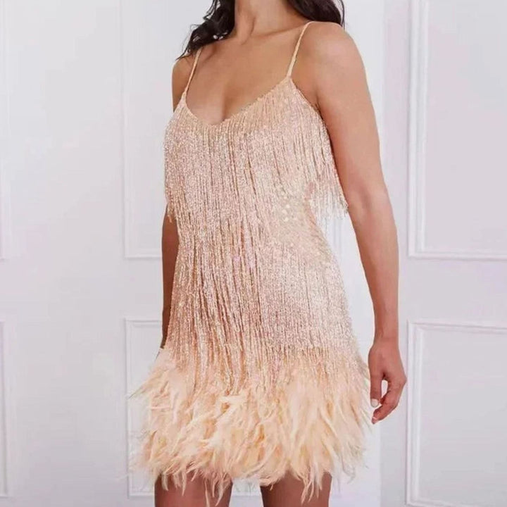 Willow | Graceful Feather Trim Sequin Christmas Dress Mini