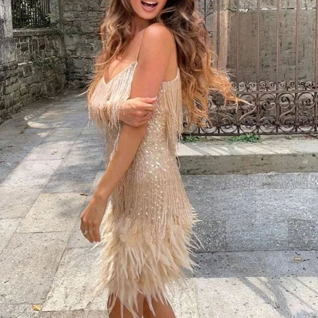 Willow | Graceful Feather Trim Sequin Christmas Dress Mini