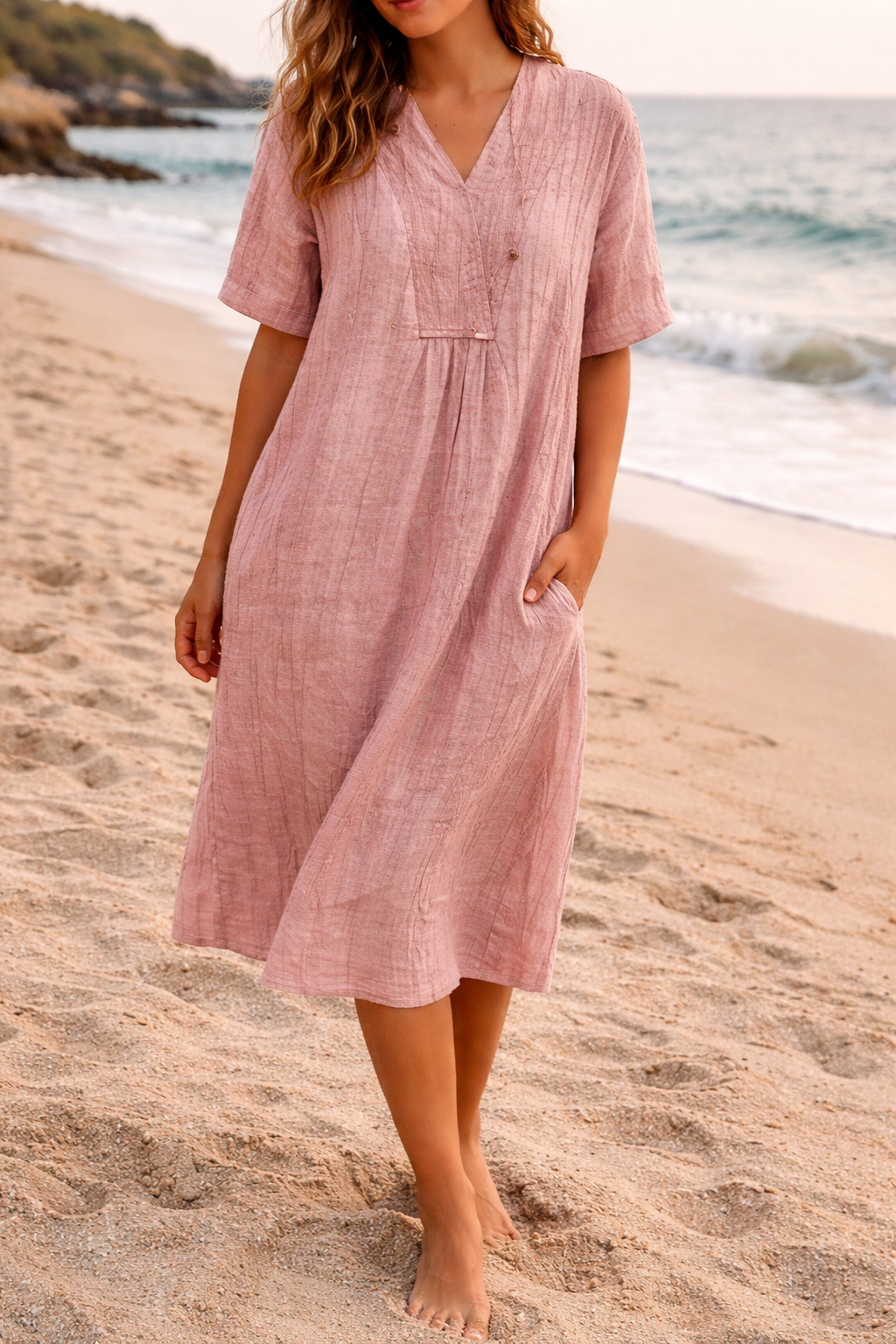 Willow | Polished Relaxed V-Neck Linen Midi Dress