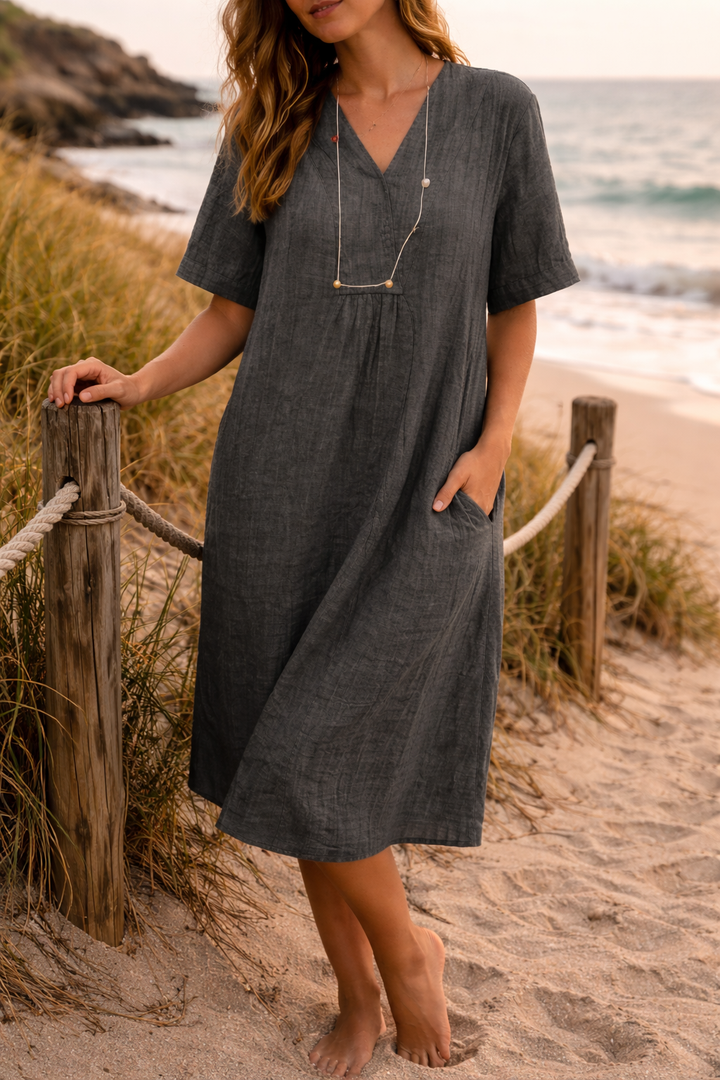Willow | Polished Relaxed V-Neck Linen Midi Dress