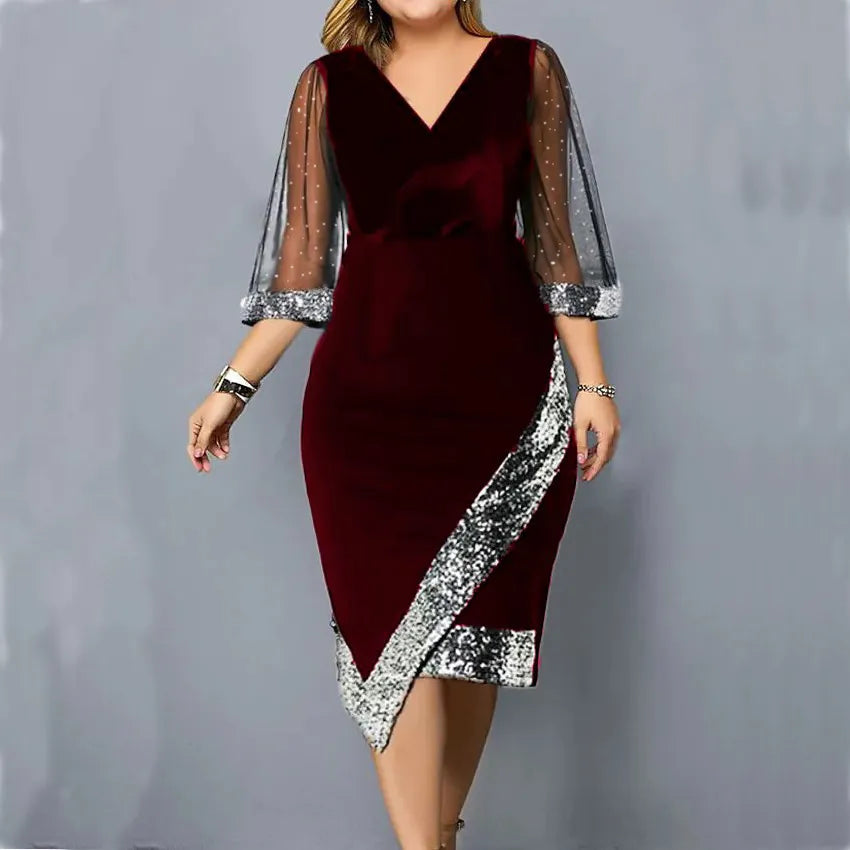 Zara | Refined Sequin Mesh Sleeve Christmas Party Midi Dress