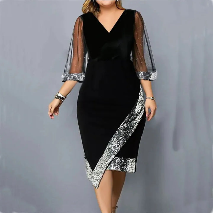 Zara | Refined Sequin Mesh Sleeve Christmas Party Midi Dress