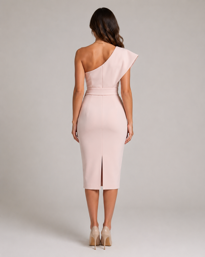 Zara | Timeless One-Shoulder Belted Midi Cocktail Dress