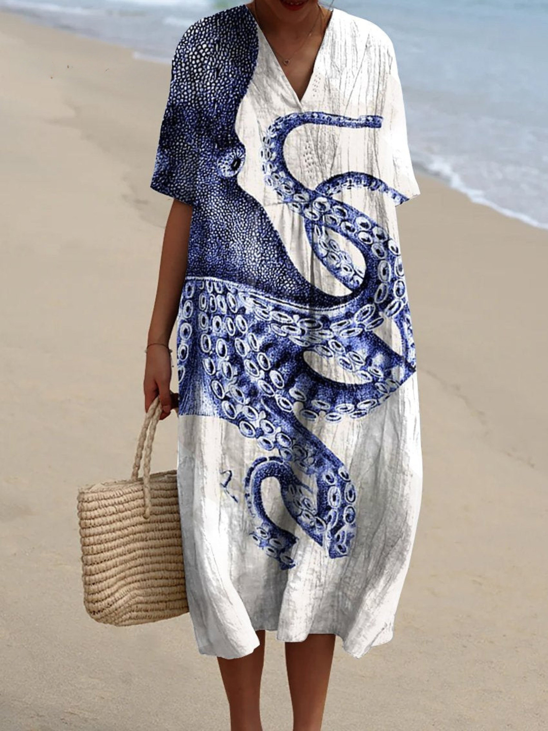 Zoe | Octopus Print V-Neck Midi Casual Dress